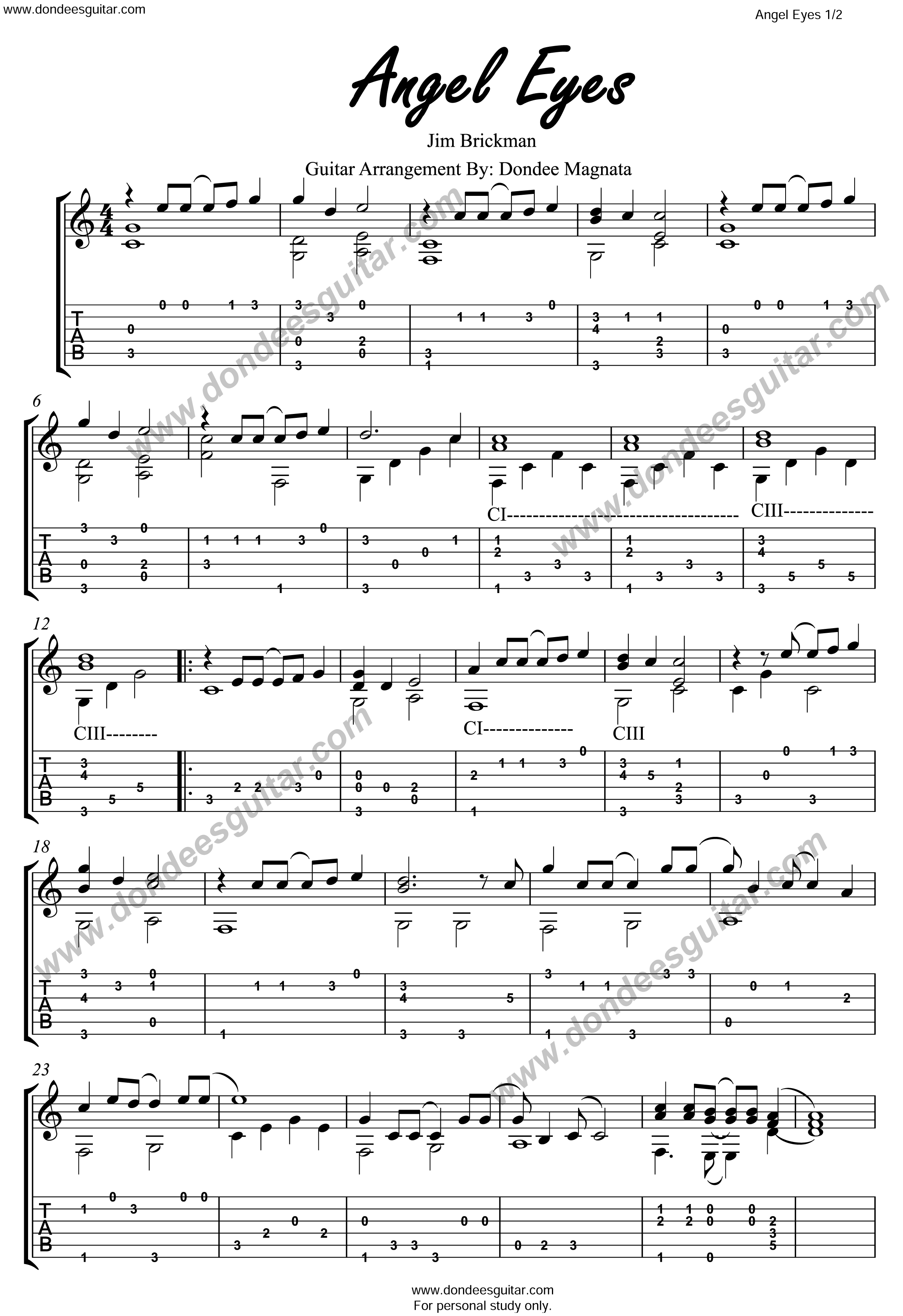 Angel Eyes Fingerstyle Tabs