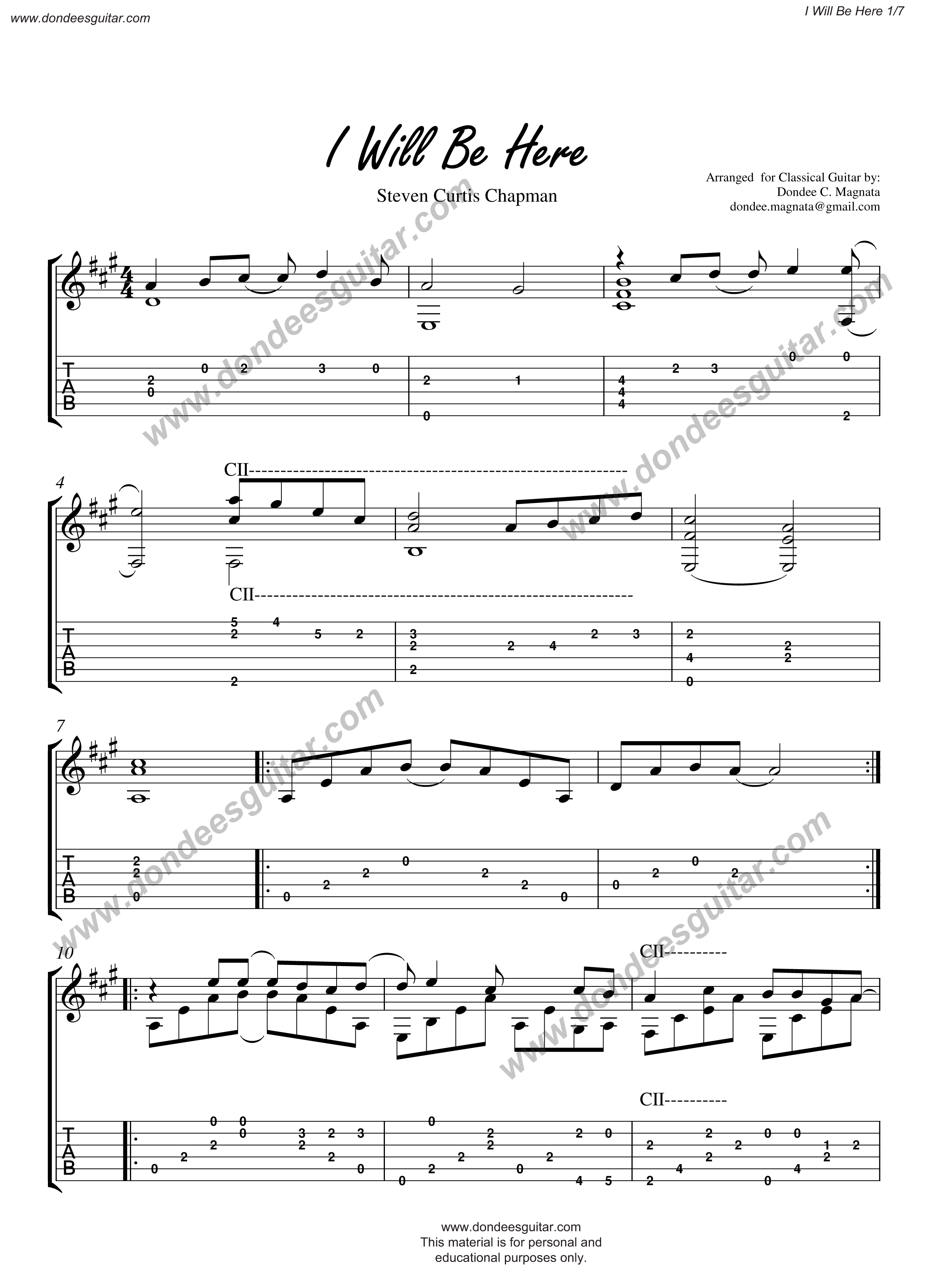 I Will Be Here Fingerstyle Tabs