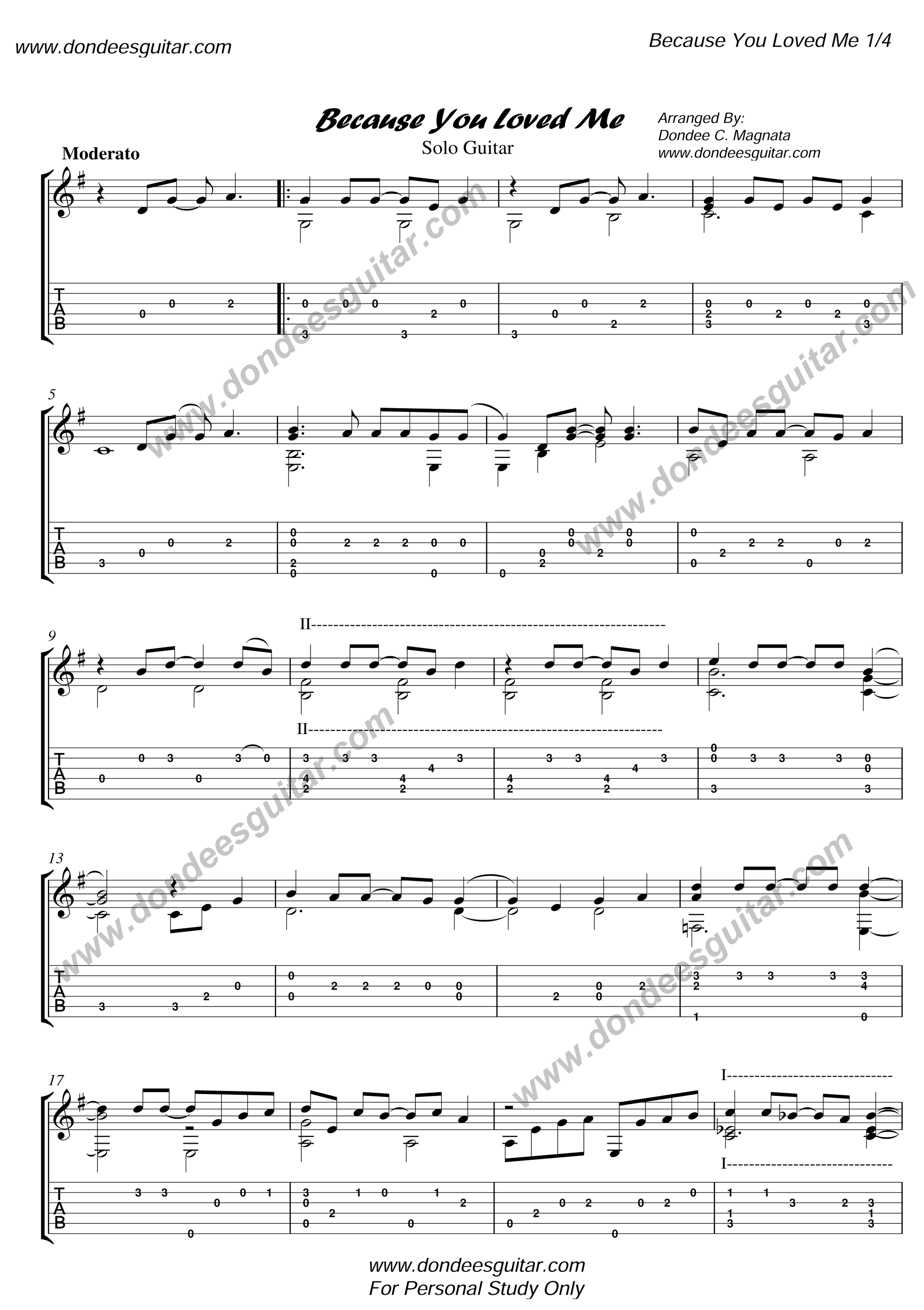 Because You Loved Me Fingerstyle Tabs