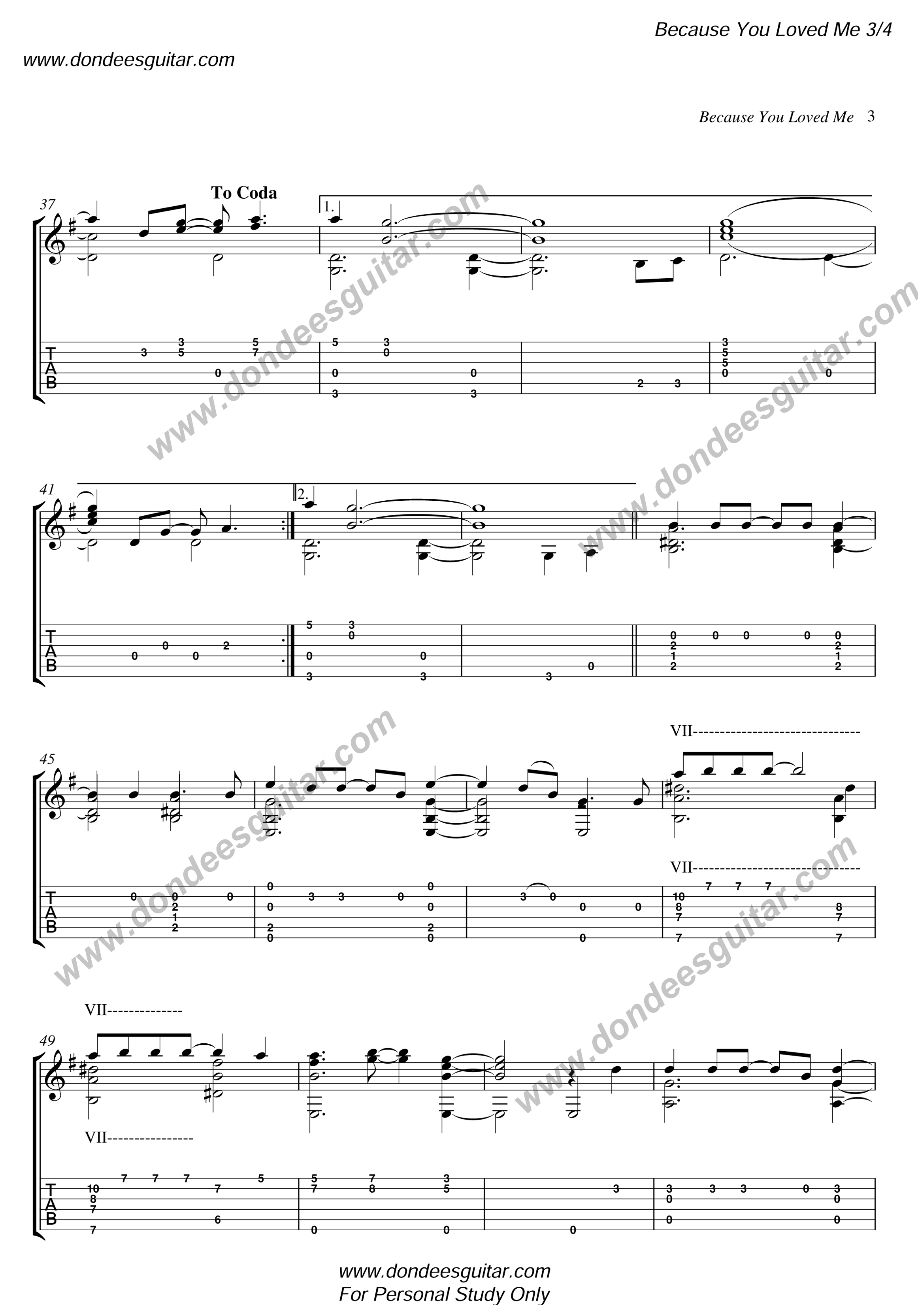 Because You Loved Me Fingerstyle Tabs