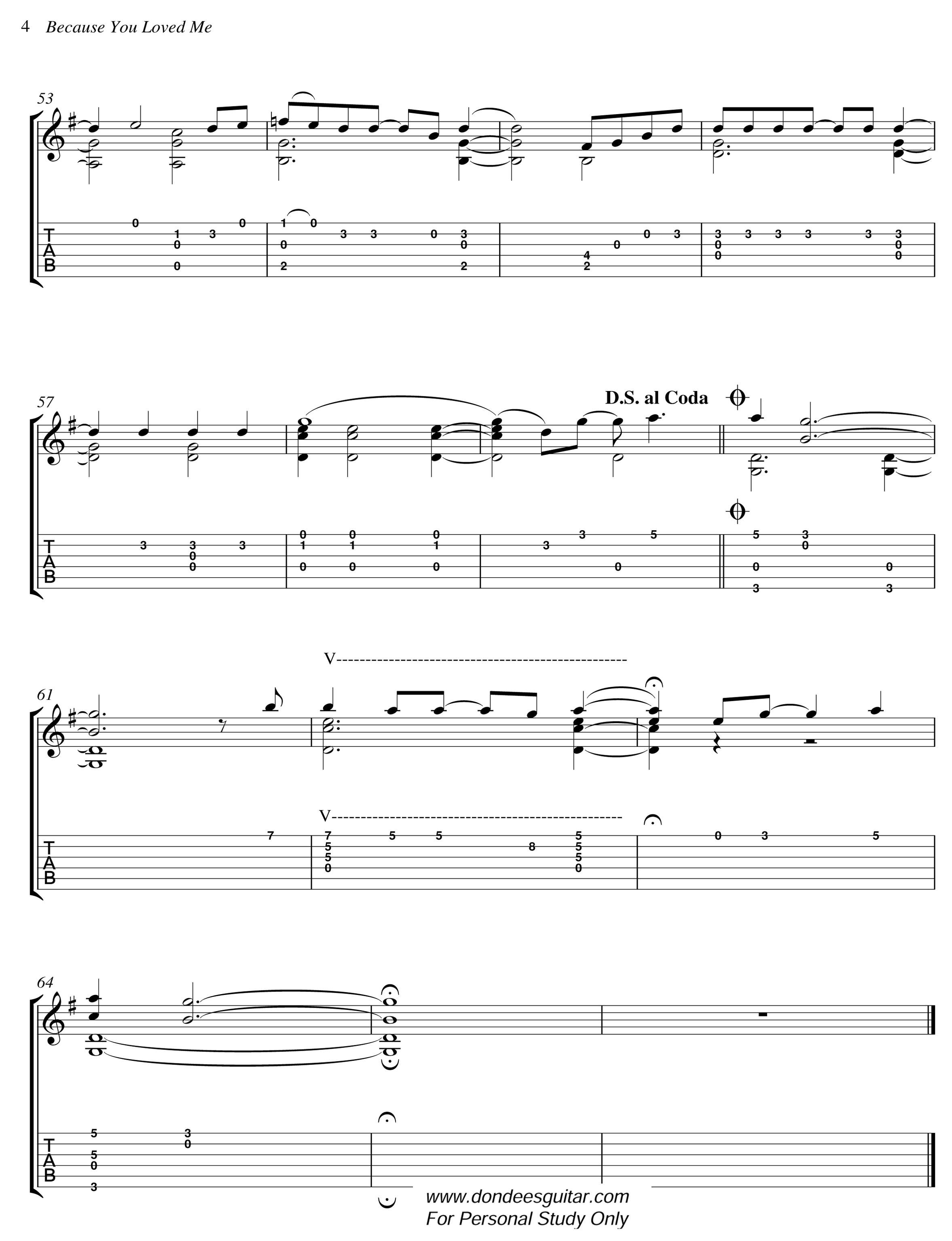 Because You Loved Me Fingerstyle Tabs