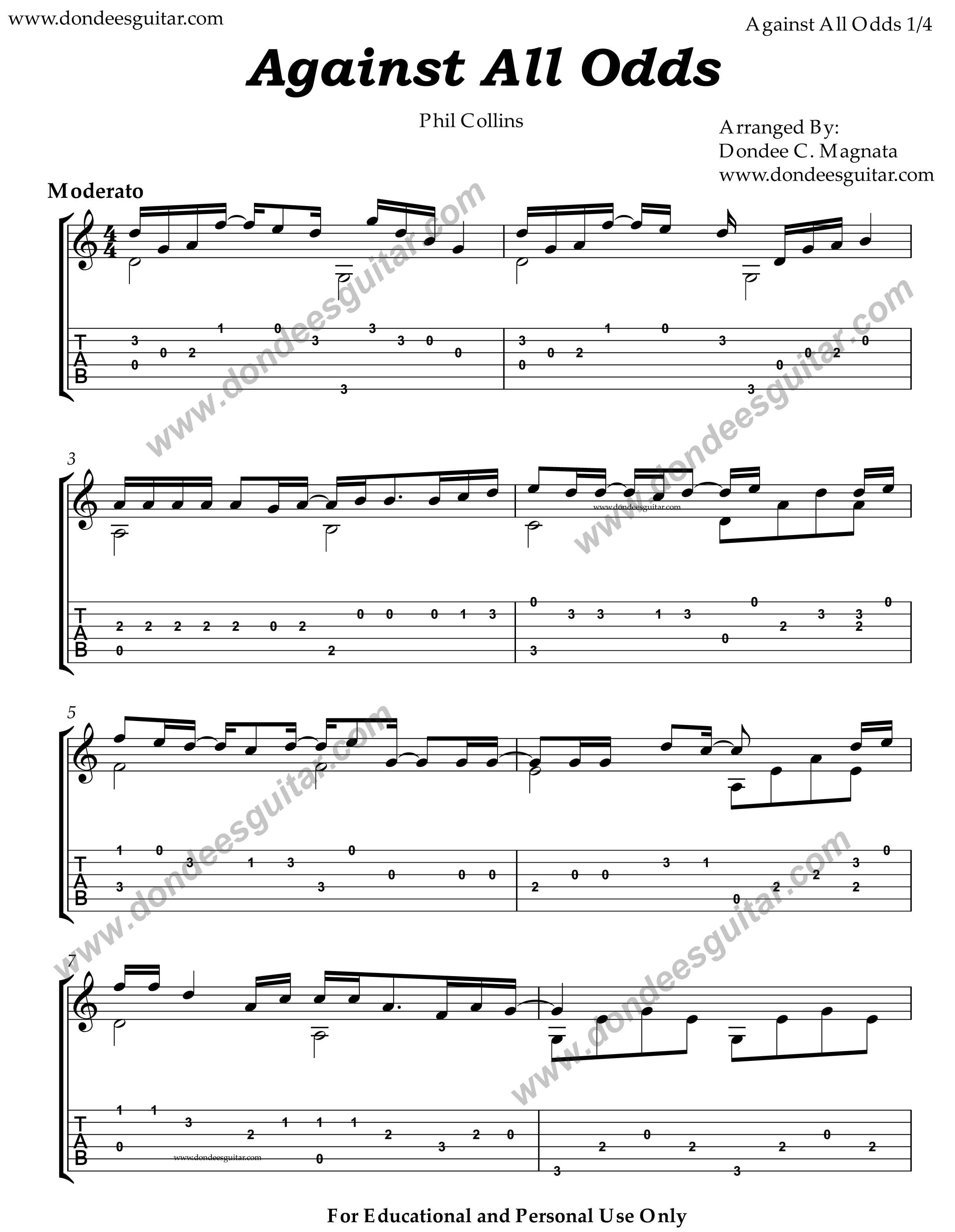 Against All Odds Fingerstyle Guitar -1 Against All Odds Fingerstyle Tabs