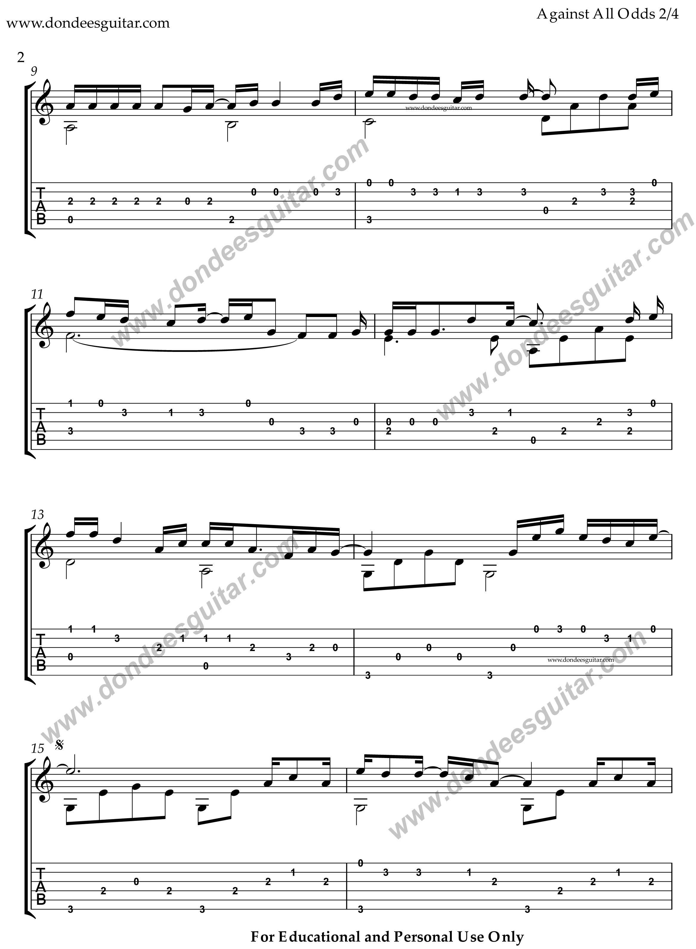 Against All Odds Fingerstyle Guitar -2 Against All Odds Fingerstyle Tabs