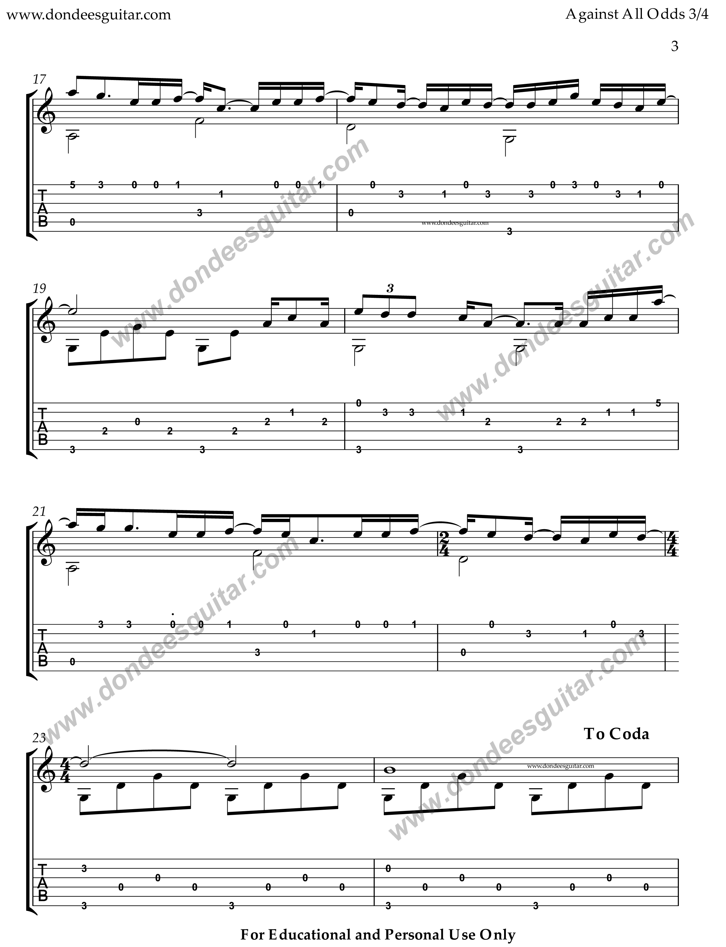 Against All Odds Fingerstyle Guitar -3 Against All Odds Fingerstyle Tabs