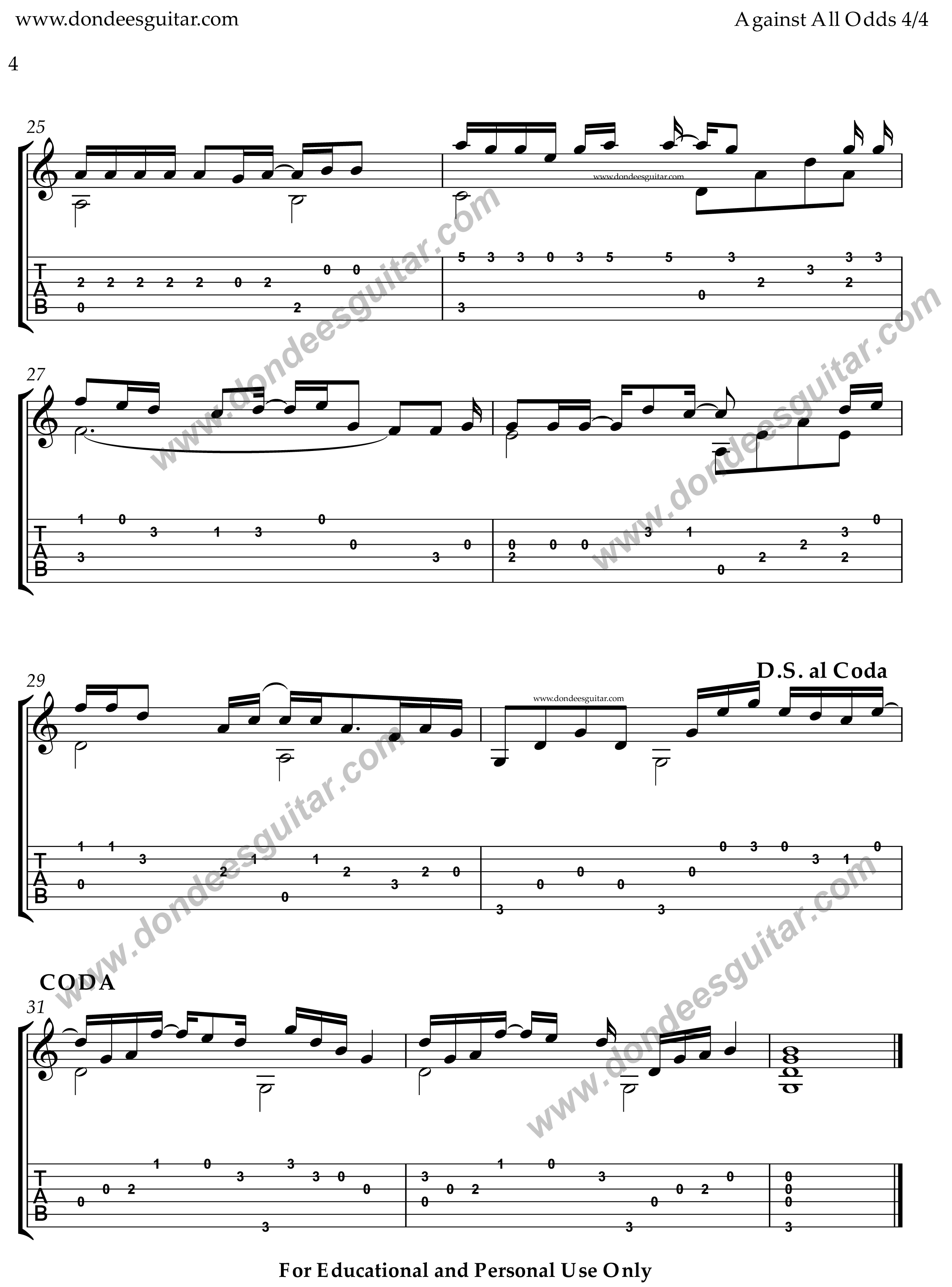 Against All Odds Fingerstyle Guitar -4 Against All Odds Fingerstyle Tabs