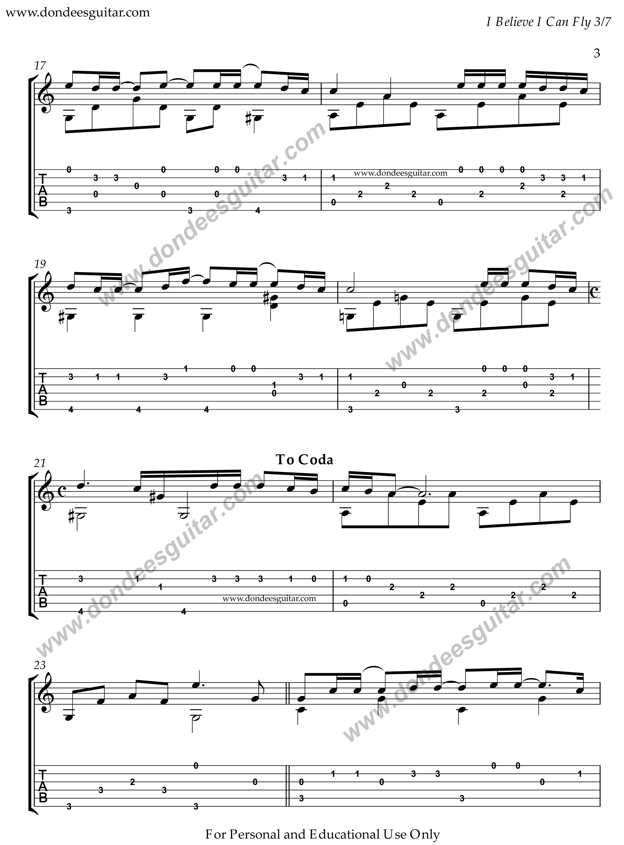 I Believe I Can Fly Fingerstyle Tabs