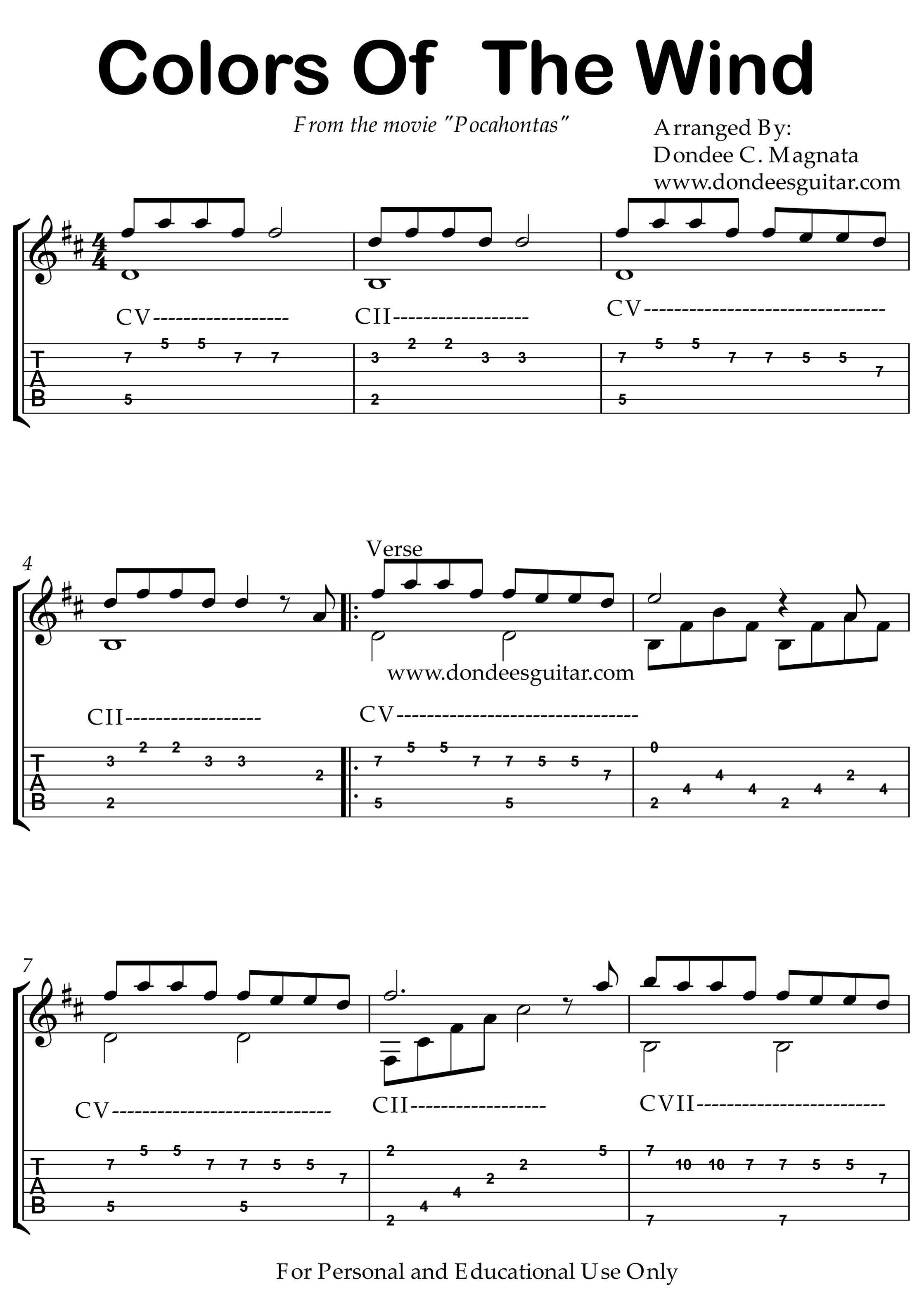 Colors Of The Wind Fingerstyle Tabs