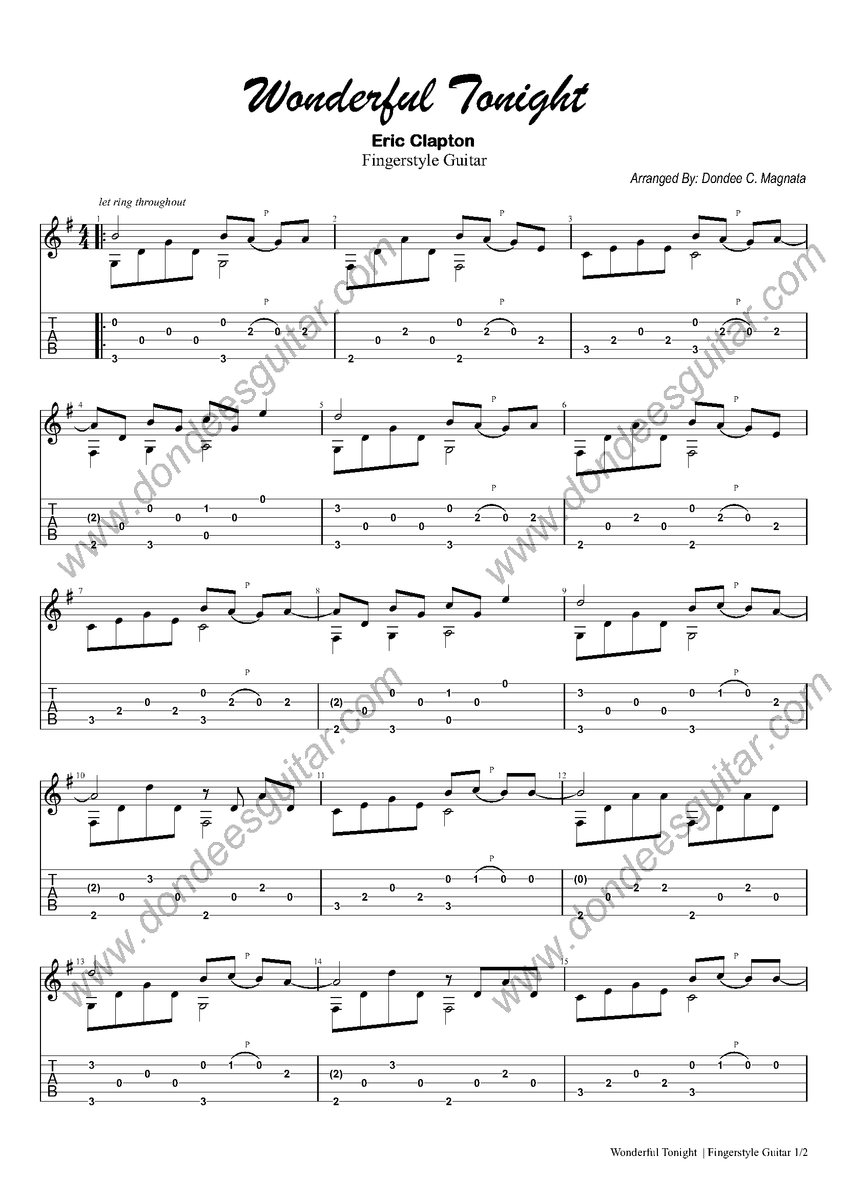 Wonderful Tonight Sheet Music | Eric Clapton | Guitar Chords/Lyrics