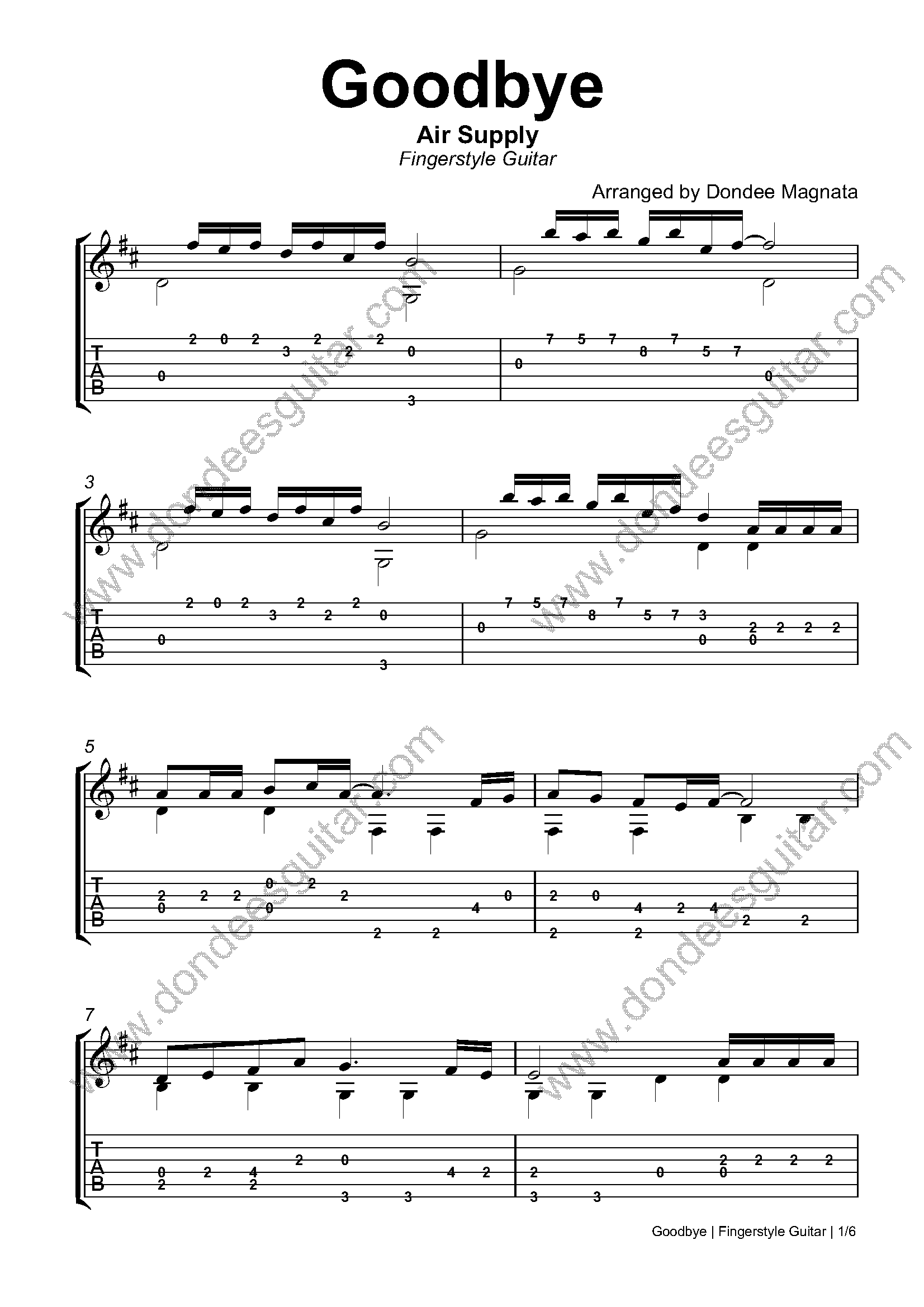 Goodbye Fingerstyle Guitar Tabs